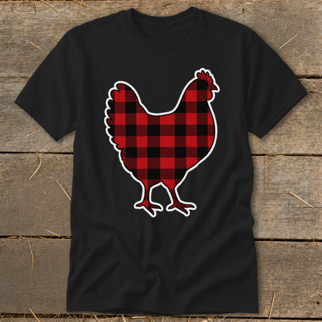 Black t-shirt with a red and black buffalo plaid chicken graphic.