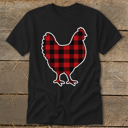 Black t-shirt with a red and black buffalo plaid chicken graphic.