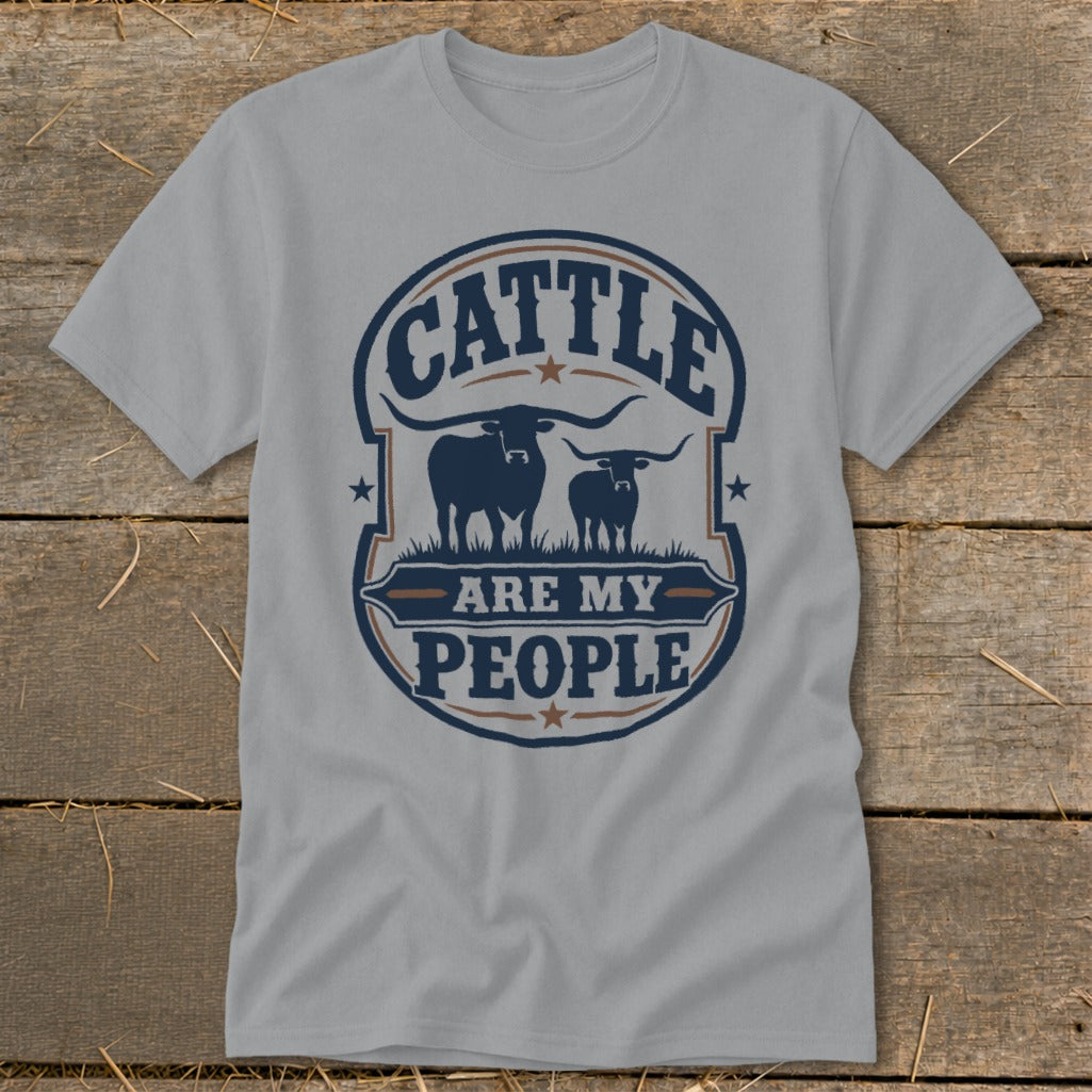 Grey t-shirt with "Cattle Are My People" and two longhorn silhouettes.