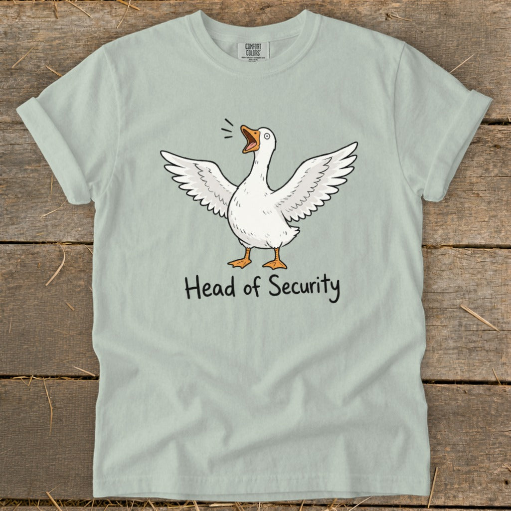 Light green t-shirt with a cartoon goose and text "Head of Security".