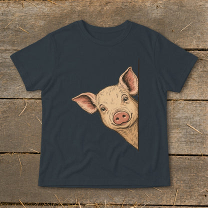 T-shirt with a peeking pig illustration on a dark background.