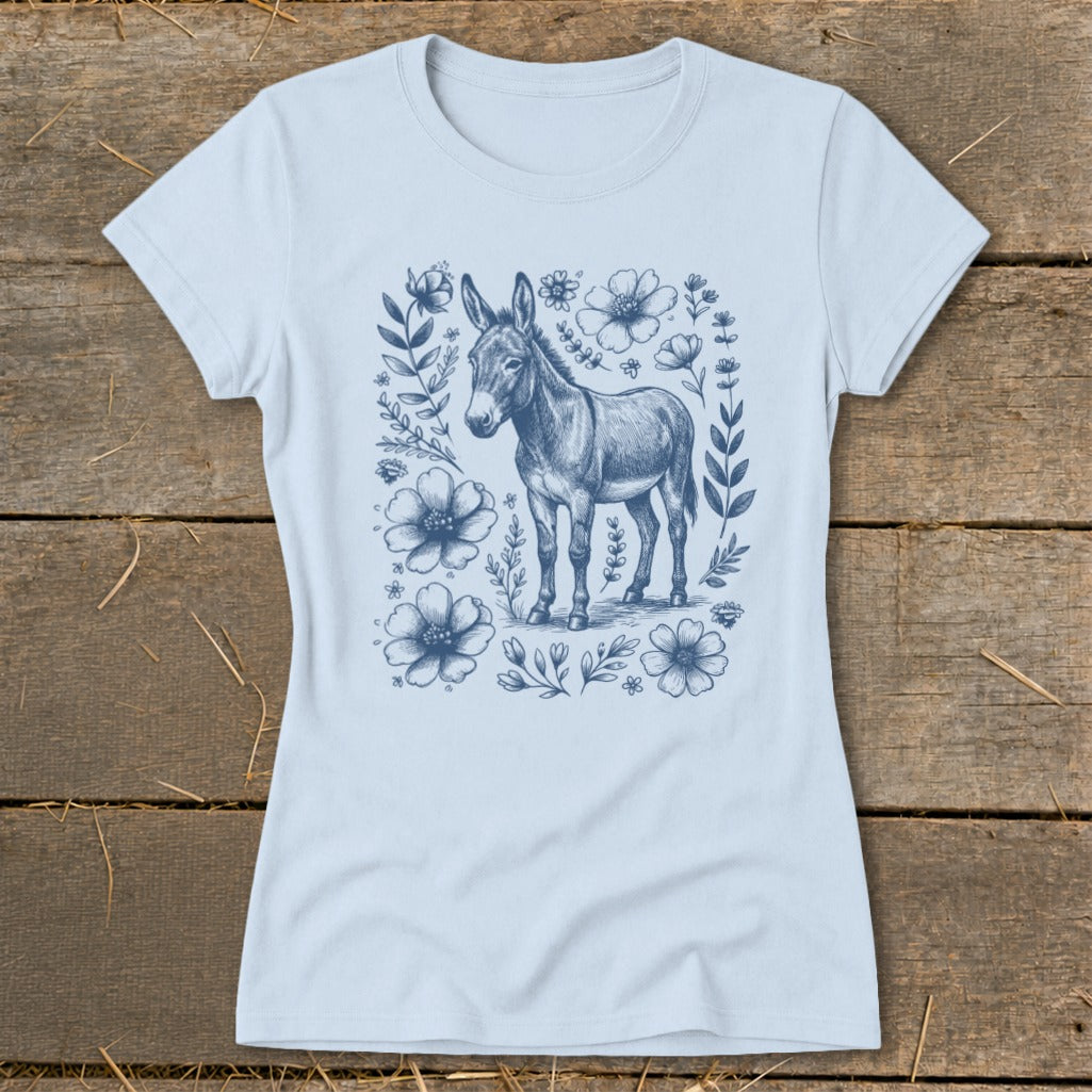 Light blue t-shirt with a blue sketched donkey and floral border design.