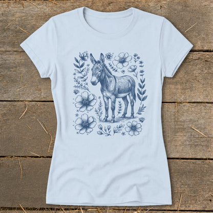 Light blue t-shirt with a blue sketched donkey and floral border design.