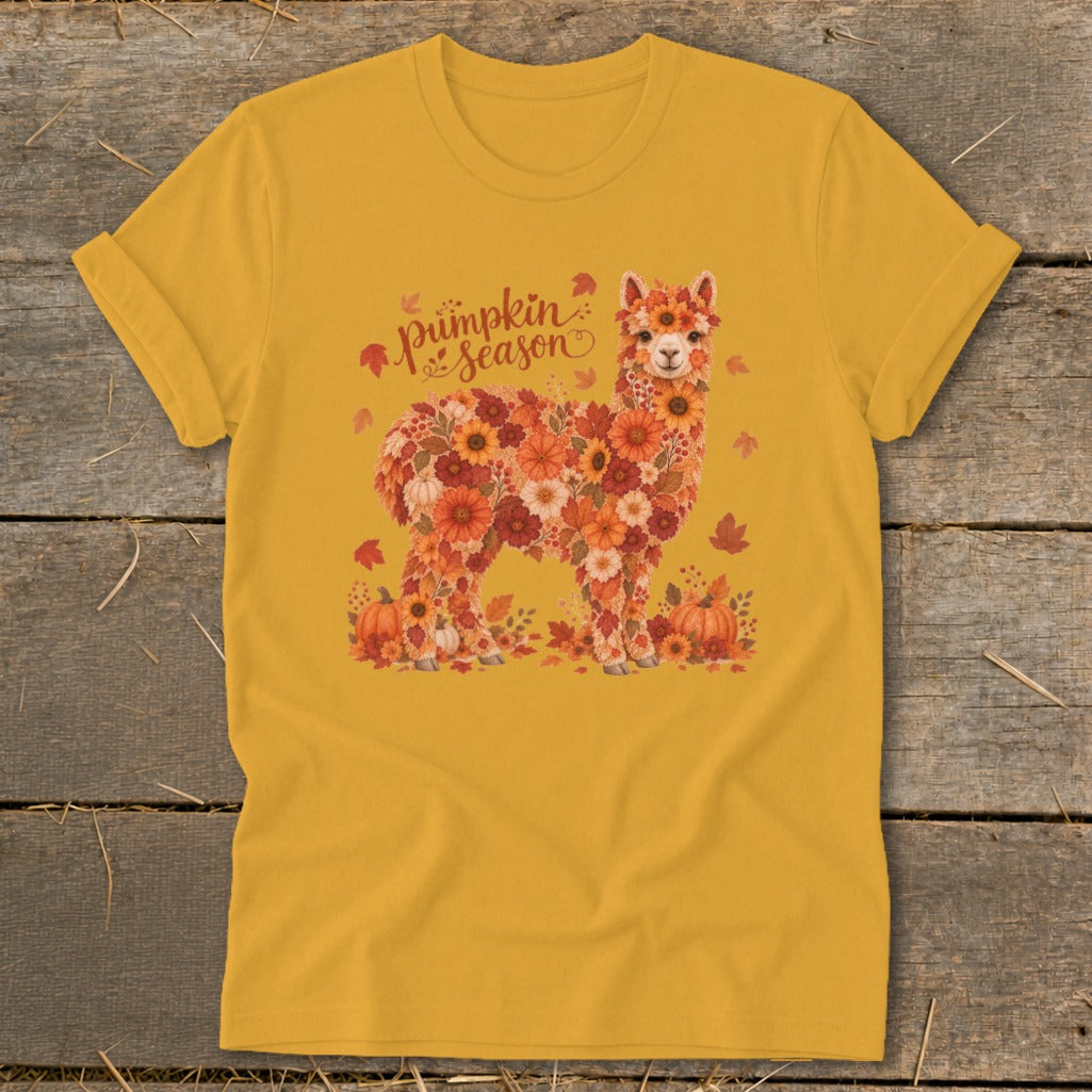 Alpaca made of autumn flowers with pumpkins and "Pumpkin Season" text.