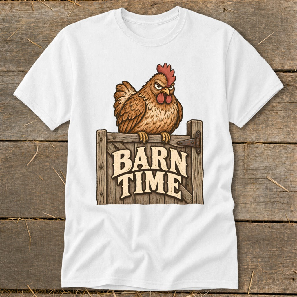 White t-shirt with illustration of a chicken on a "BARN TIME" sign.