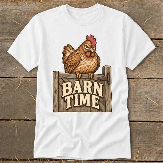 White t-shirt with illustration of a chicken on a "BARN TIME" sign.