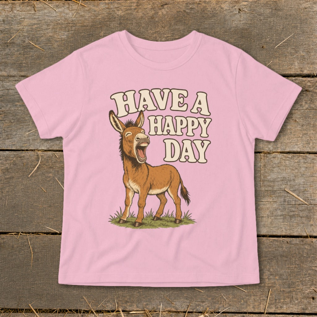 Pink t-shirt with cartoon donkey and text "HAVE A HAPPY DAY".