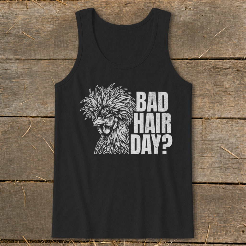 Black tank top with a distressed graphic of a chicken and "Bad Hair Day?" text.