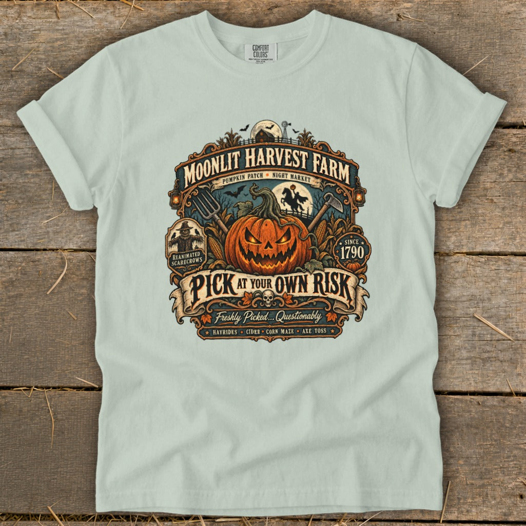 Moonlit Harvest Farm graphic tee featuring a jack-o-lantern and "Pick at Your Own Risk."