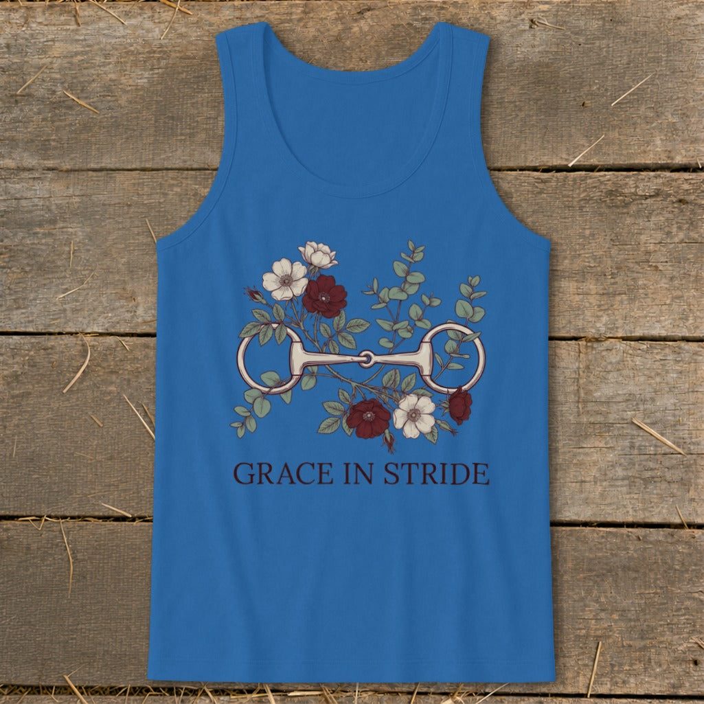 Blue tank top with horse bit and floral design, text "GRACE IN STRIDE".