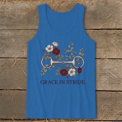 Blue tank top with horse bit and floral design, text "GRACE IN STRIDE".