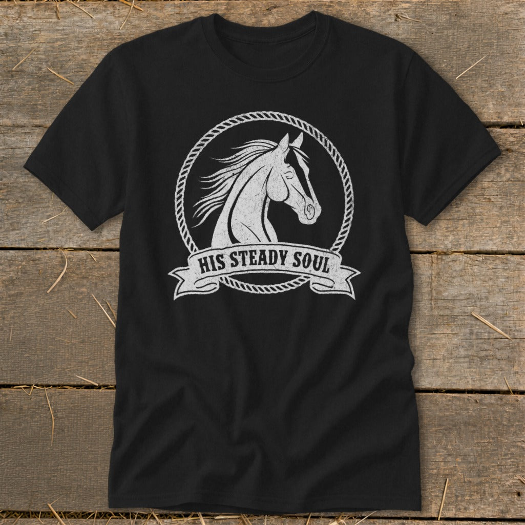 Black t-shirt with horse graphic and text "HIS STEADY SOUL"