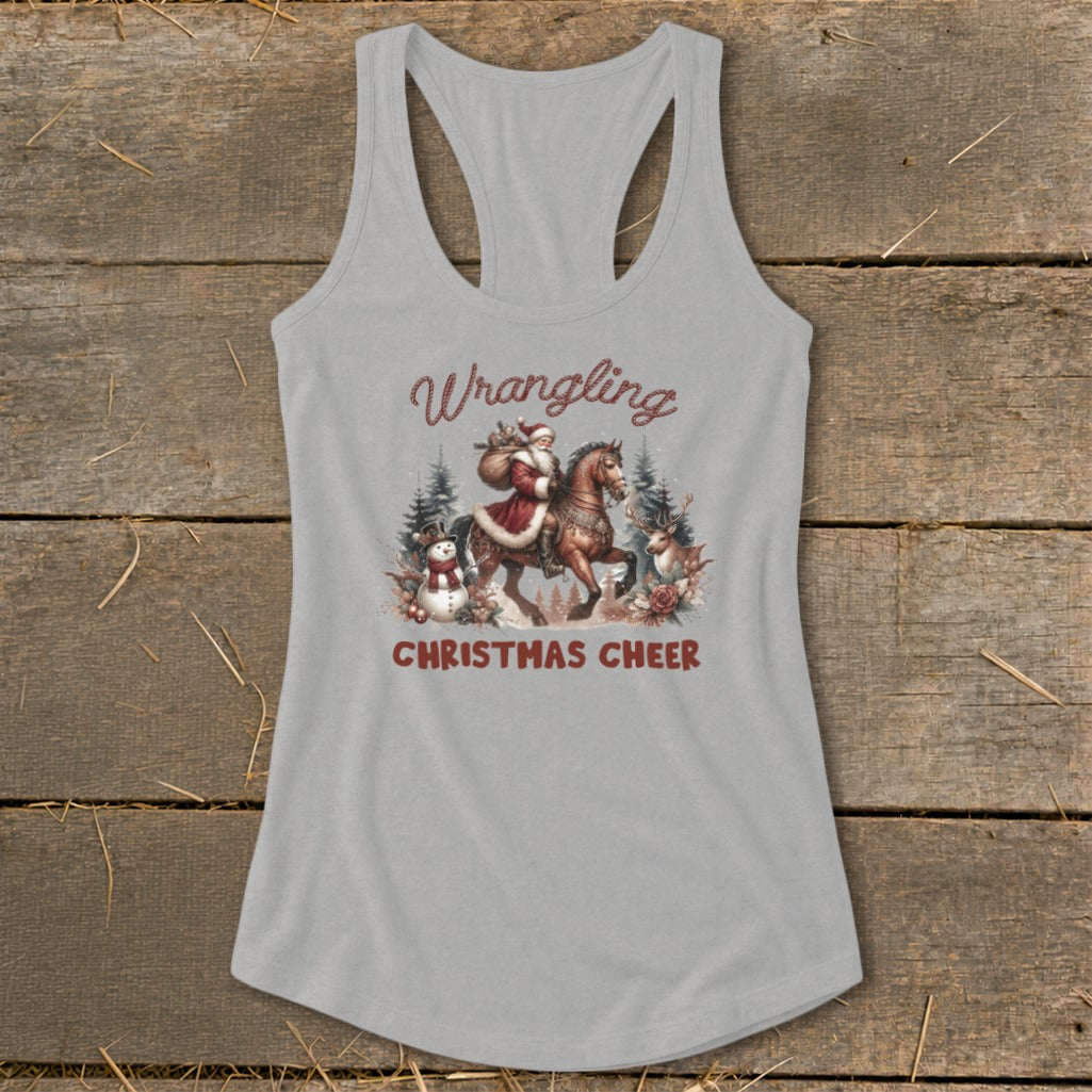 Santa on horseback with a snowman and deer, text "Wrangling Christmas Cheer".