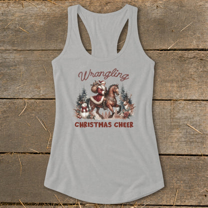 Santa on horseback with a snowman and deer, text "Wrangling Christmas Cheer".