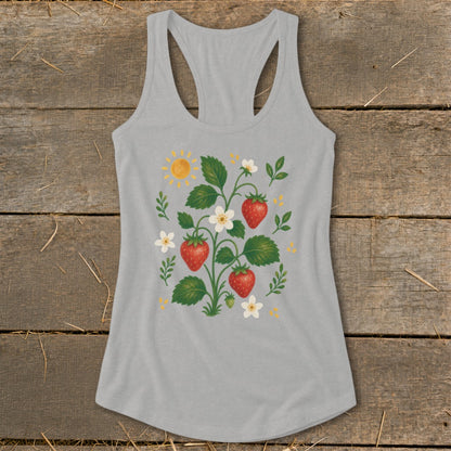 Gray racerback tank top with a strawberry plant and sun graphic.