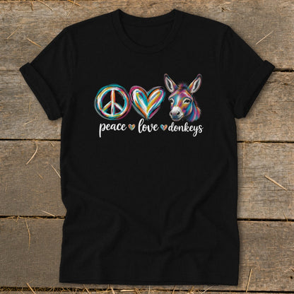 Black t-shirt with "peace love donkeys" text and graphics of a peace sign, heart, and donkey.