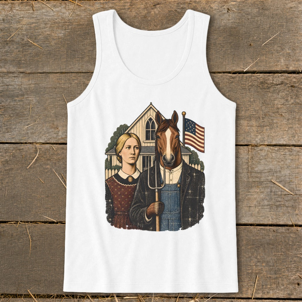 White tank top featuring an illustration of American Gothic with a horse holding a pitchfork.