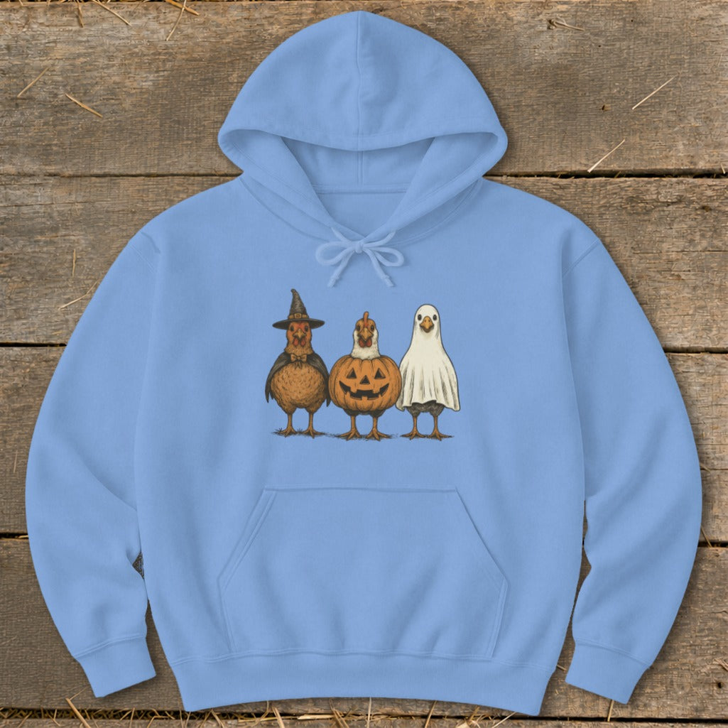 Light blue hoodie with three chickens dressed for Halloween: a witch, a pumpkin, and a ghost.