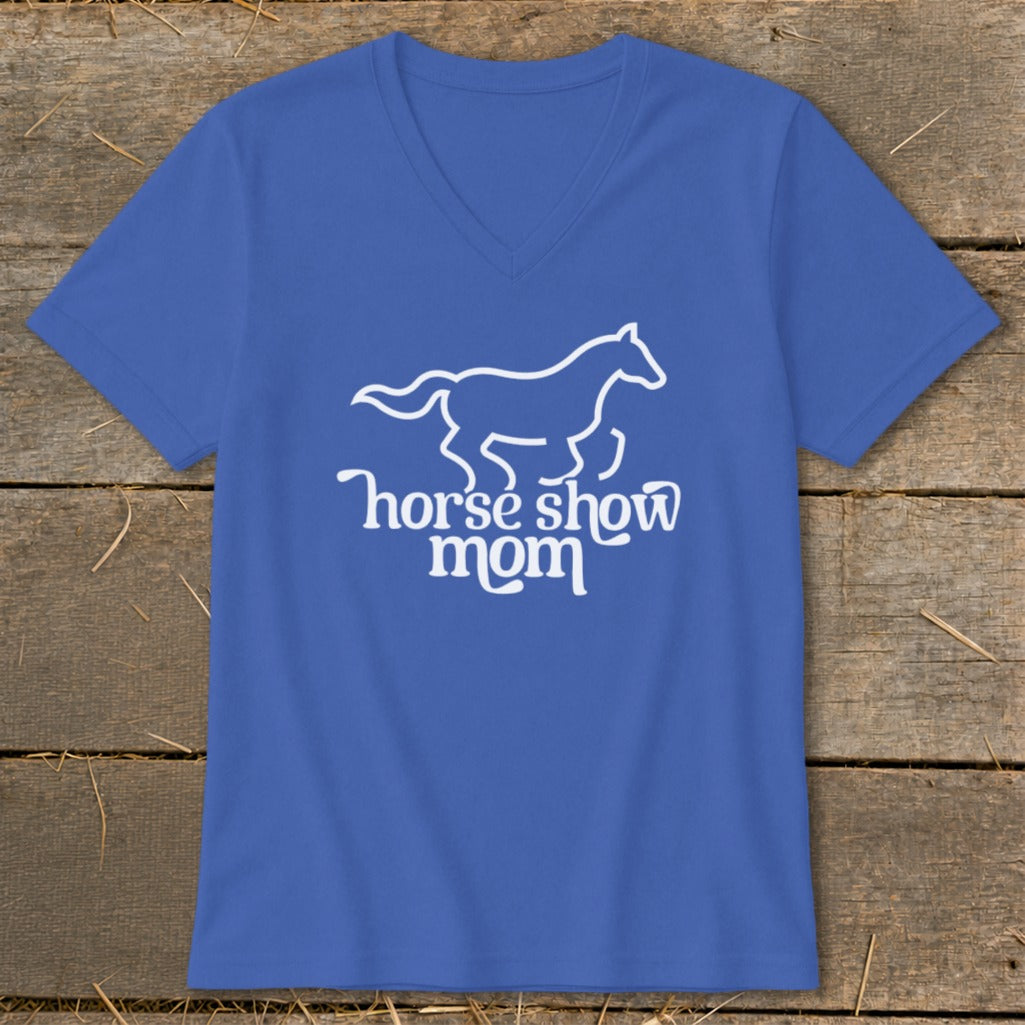 Blue v-neck t-shirt with white outline of a horse and text "horse show mom".
