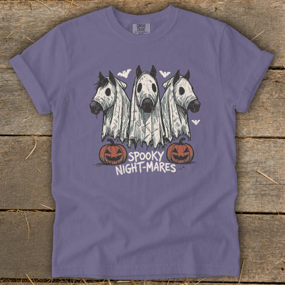 Three horses in ghost costumes with jack-o'-lanterns and "Spooky Night-mares" text.