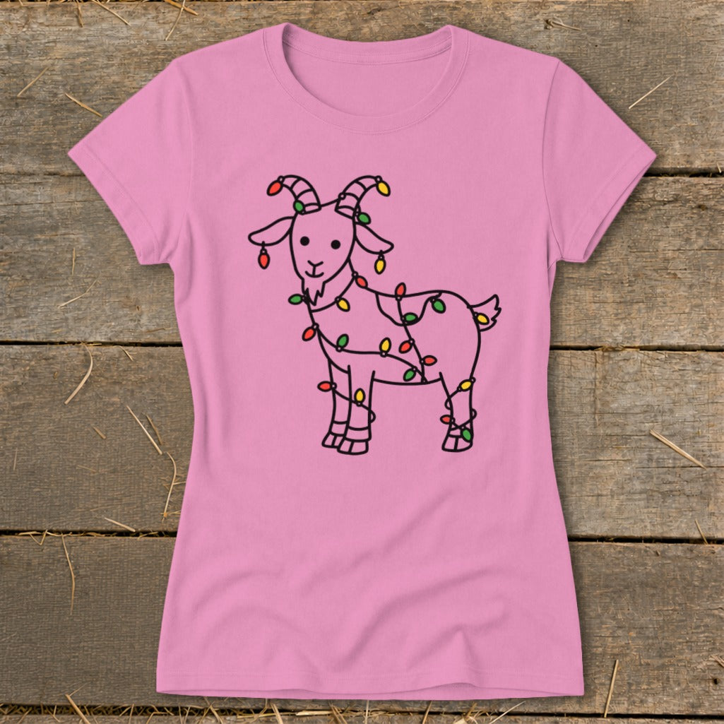 Pink t-shirt with a black outline drawing of a goat wrapped in Christmas lights.