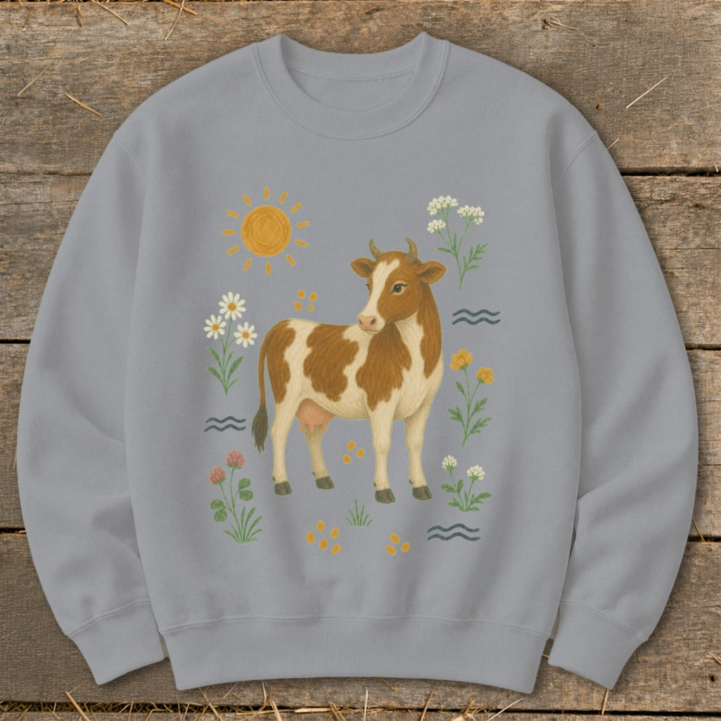 Light blue sweatshirt with a brown and white cow, sun, and wildflowers illustration.