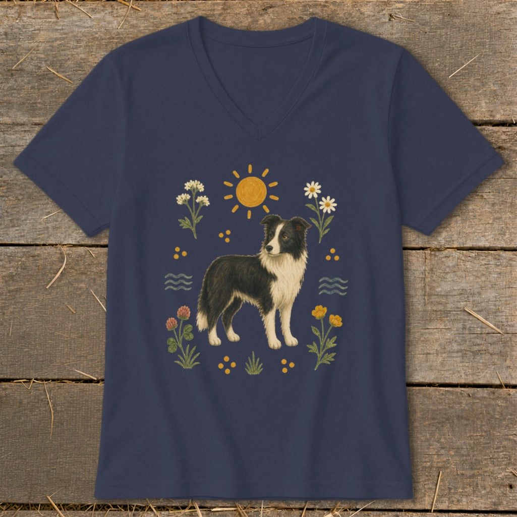 Navy v-neck t-shirt with a Border Collie and floral illustration.