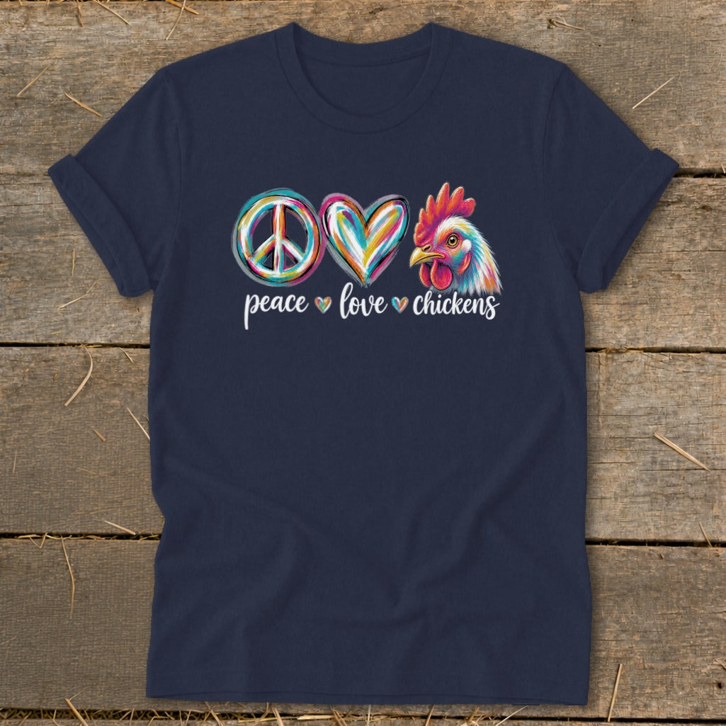 Peace, love, chickens text with colorful peace sign, heart, and rooster graphic.