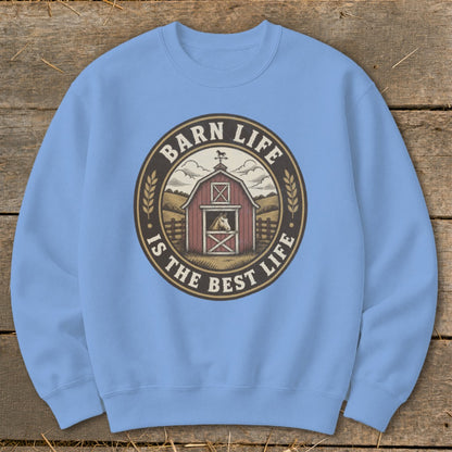 Light blue sweatshirt with a circular graphic of a red barn and text "Barn Life is the Best Life".