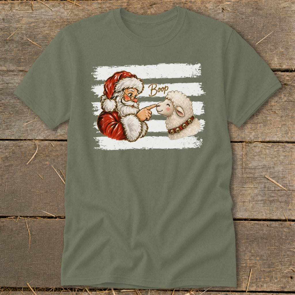 Santa boops a sheep on the nose, with "Boop" text above.