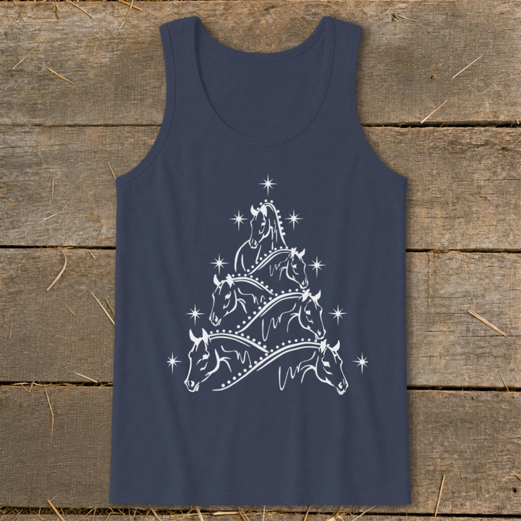 Navy tank top with white horse Christmas tree graphic and stars.
