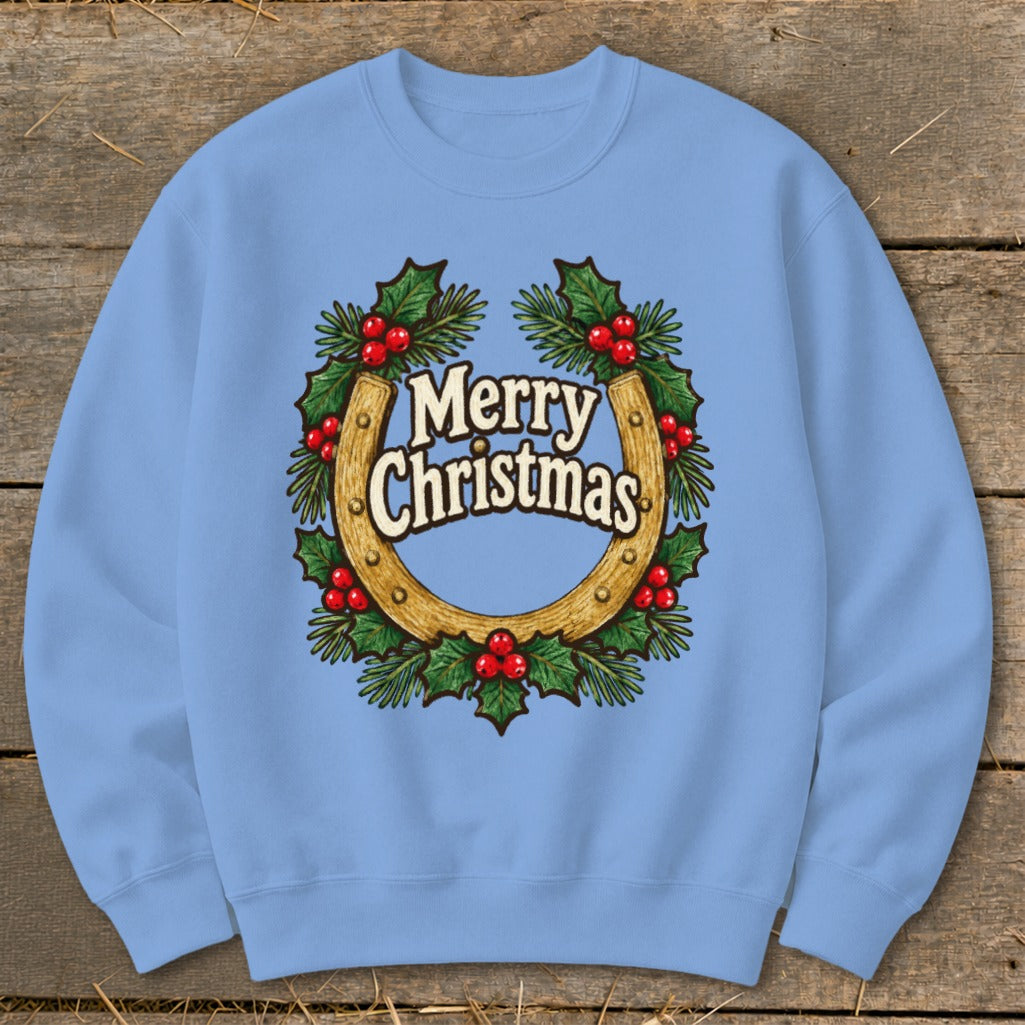 Light blue sweatshirt with a horseshoe wreath and "Merry Christmas" text.