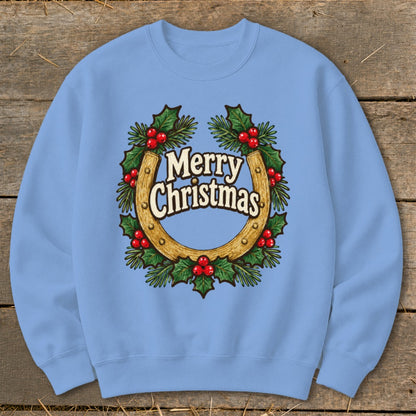 Light blue sweatshirt with a horseshoe wreath and "Merry Christmas" text.