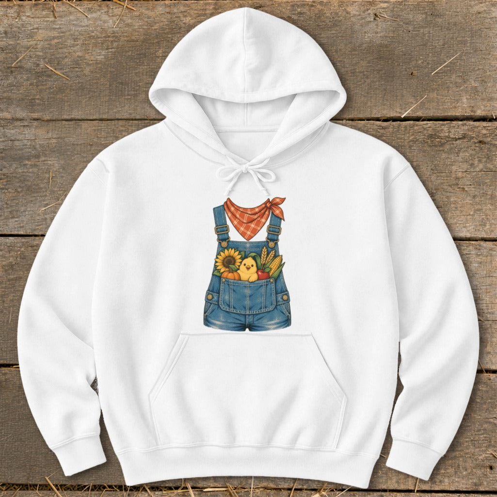 White hoodie with a denim overalls graphic featuring a chick, sunflower, corn, and bandana.