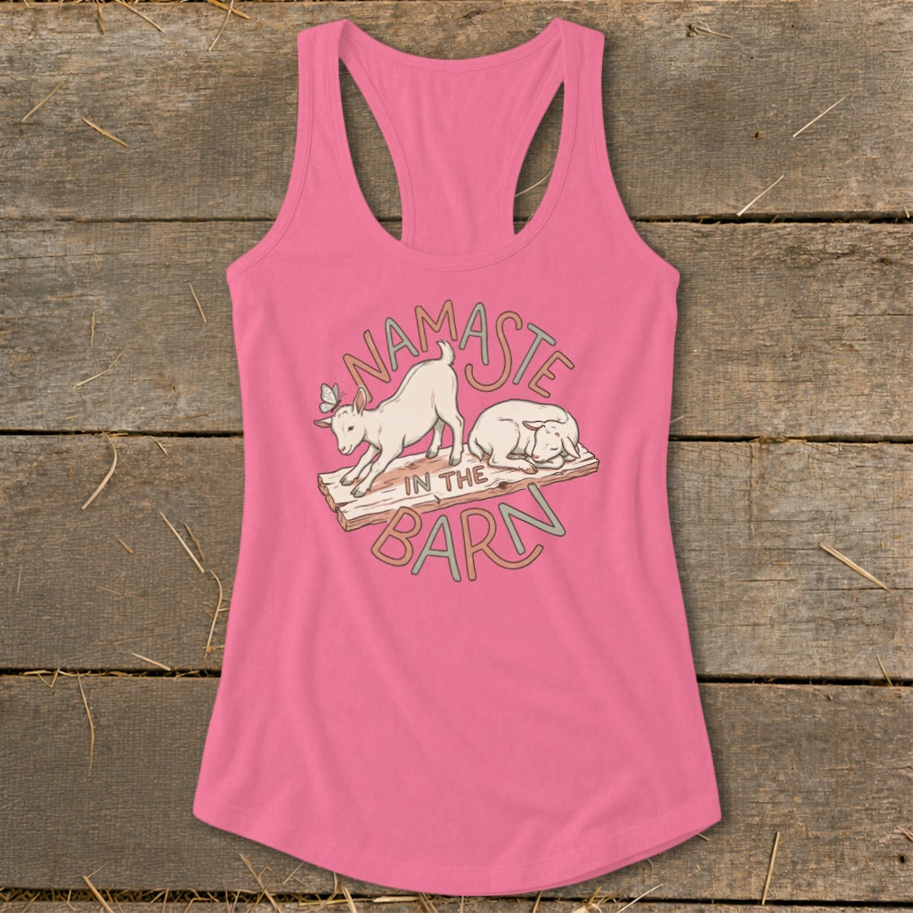 Pink tank top with "Namaste in the Barn" text and goat graphics.