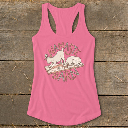Pink tank top with "Namaste in the Barn" text and goat graphics.