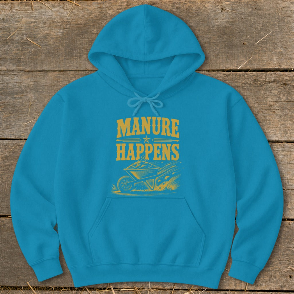 Blue hoodie with "MANURE HAPPENS" text and a wheelbarrow graphic.