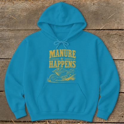 Blue hoodie with "MANURE HAPPENS" text and a wheelbarrow graphic.