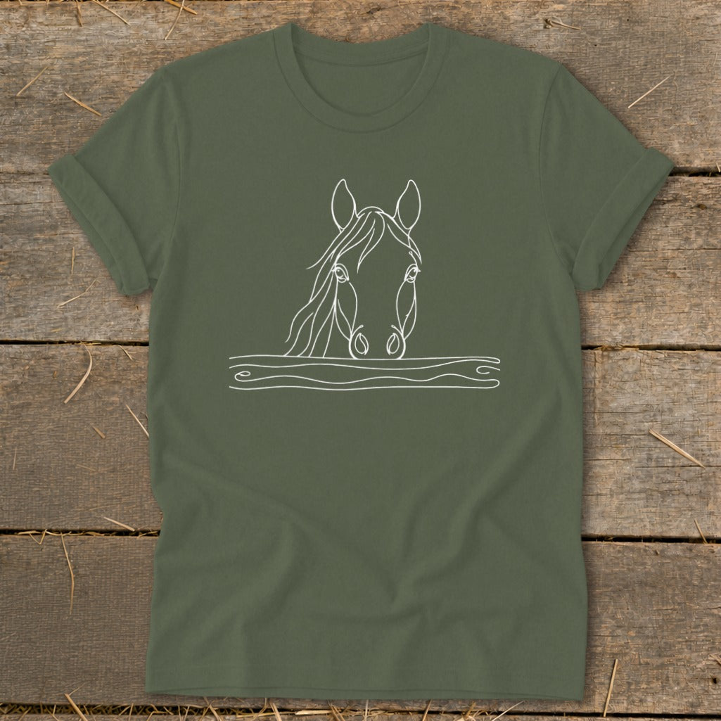 Olive green t-shirt with white line art of a horse's head emerging from waves.