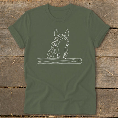 Olive green t-shirt with white line art of a horse's head emerging from waves.