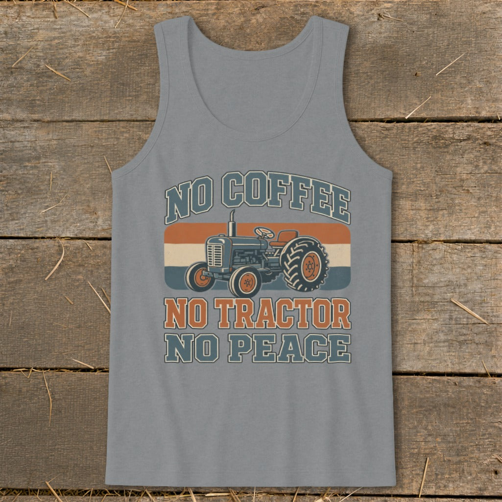 Gray tank top with tractor graphic and text "NO COFFEE NO TRACTOR NO PEACE".