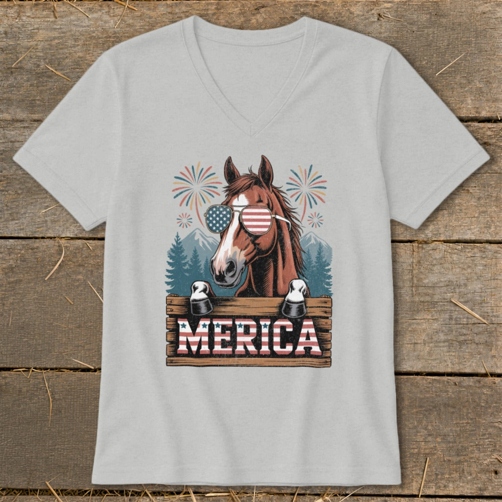 Horse wearing American flag sunglasses with fireworks and "MERICA" text.