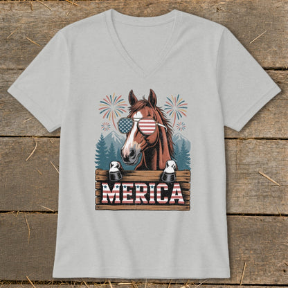 Horse wearing American flag sunglasses with fireworks and "MERICA" text.