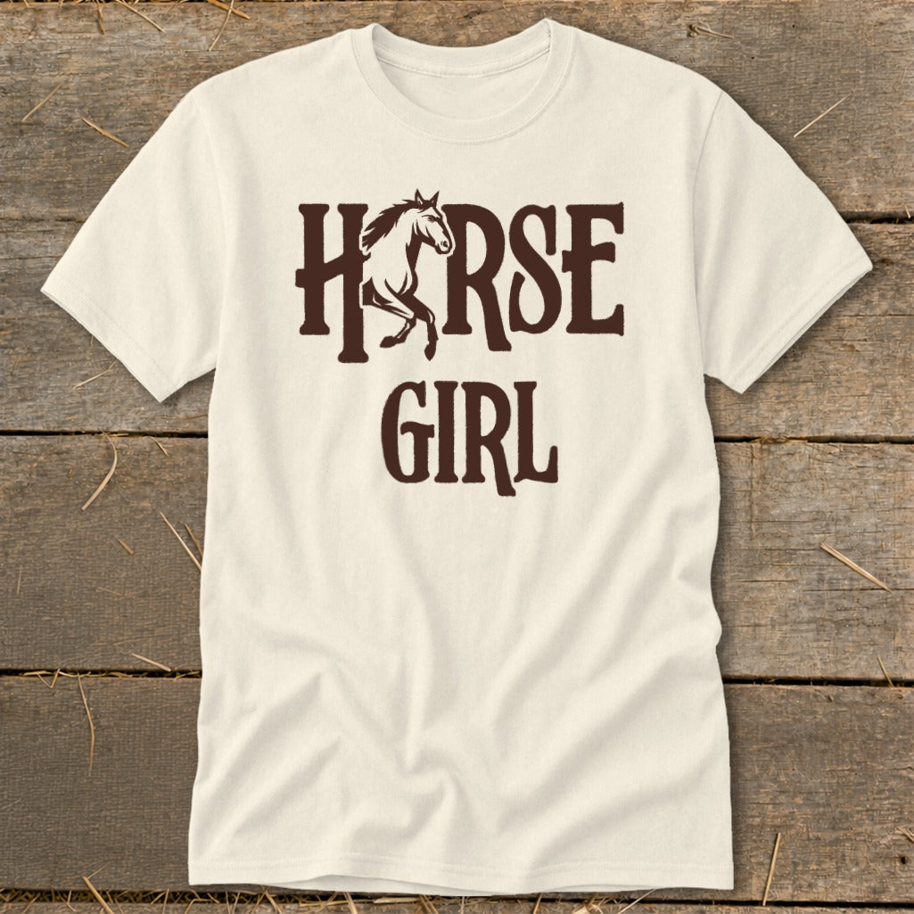 Cream t-shirt with "HORSE GIRL" text and a horse graphic.