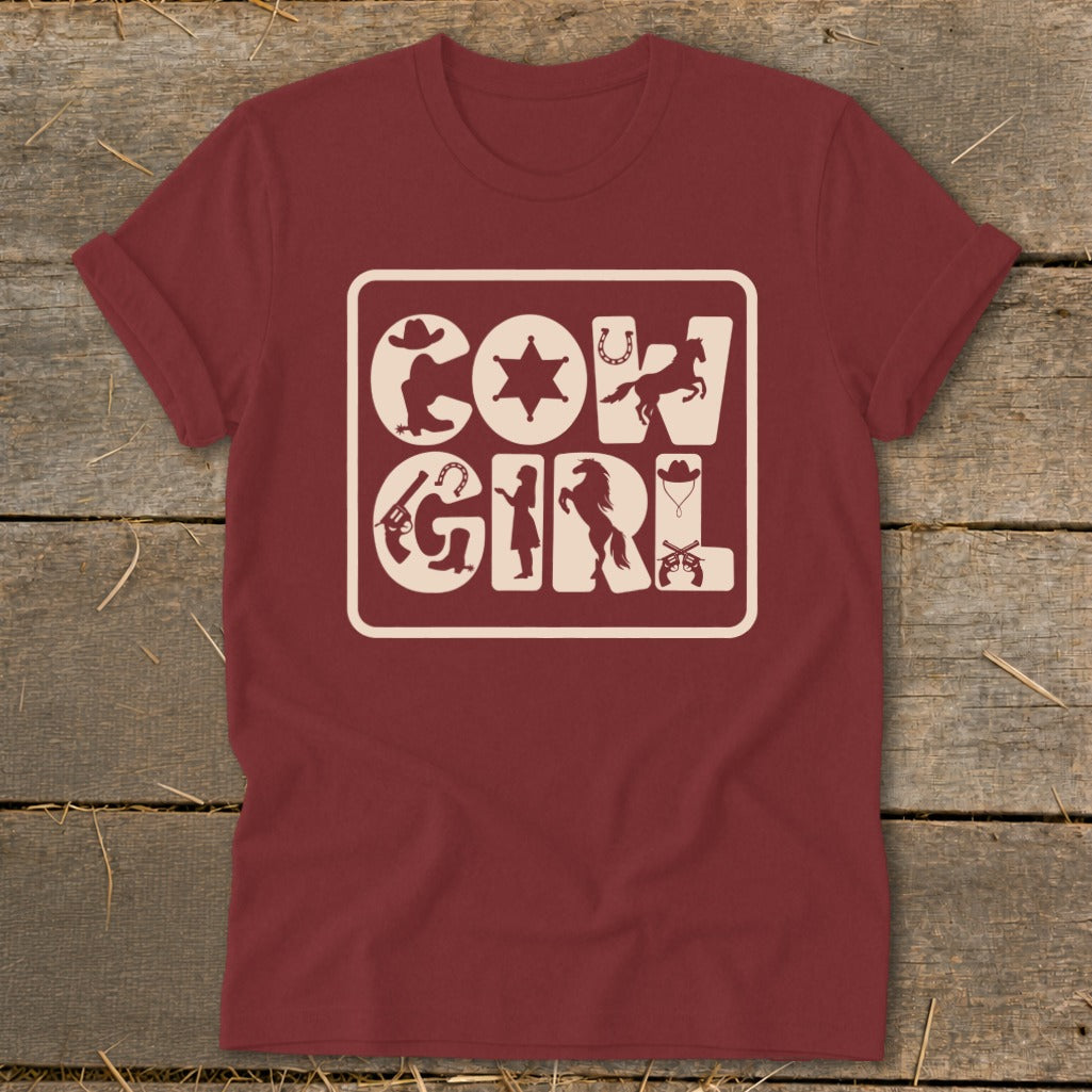 Maroon t-shirt with "Cow Girl" graphic featuring Western-themed silhouettes.