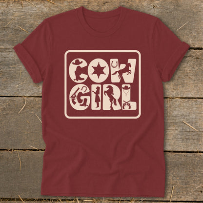 Maroon t-shirt with "Cow Girl" graphic featuring Western-themed silhouettes.