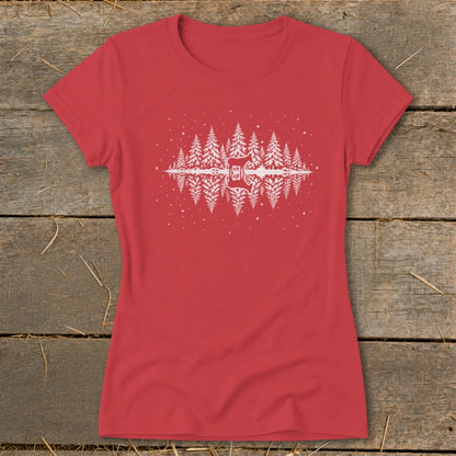 Red t-shirt with white graphic of trees reflecting in water with snowflakes.