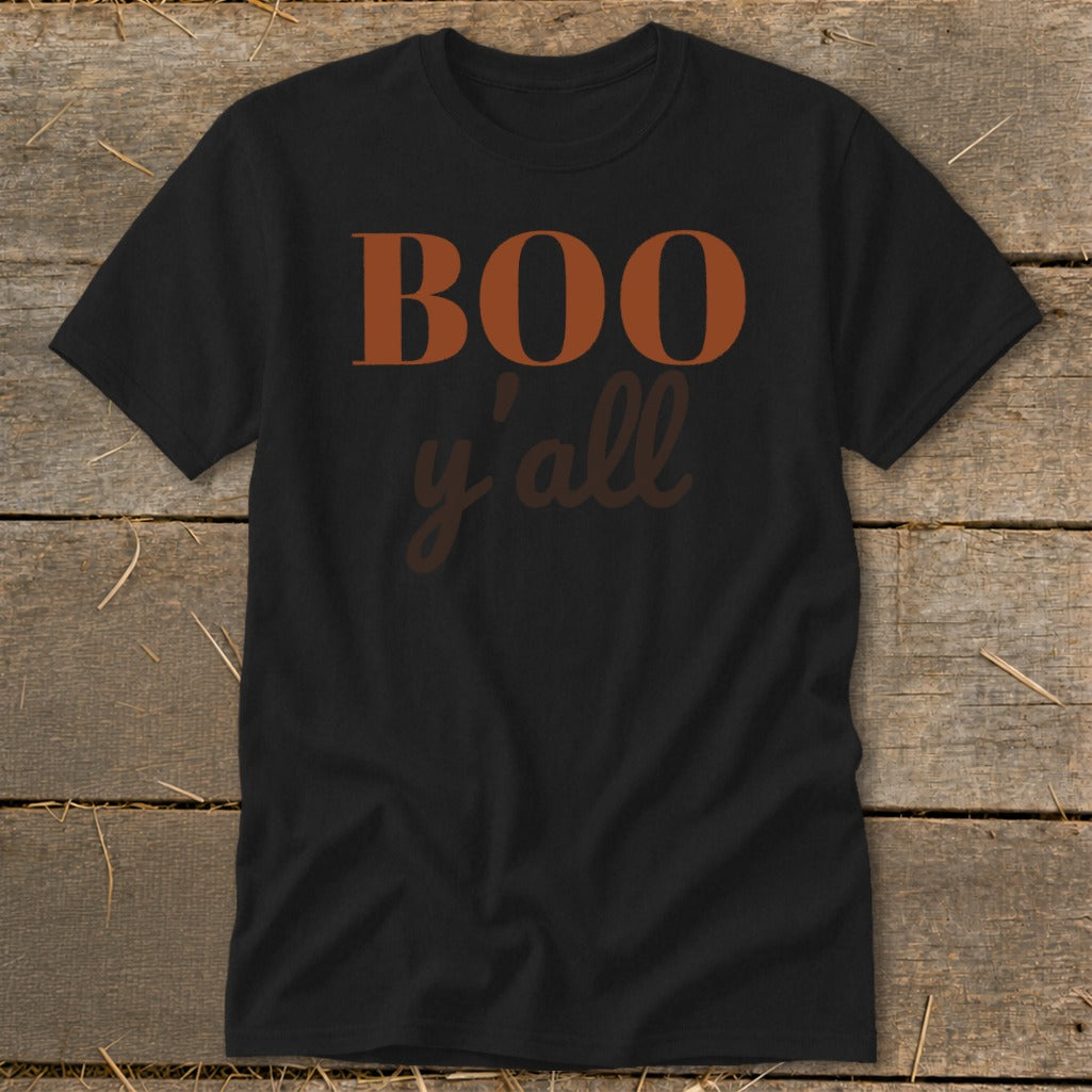 Black t-shirt with "BOO y'all" text in orange and brown.