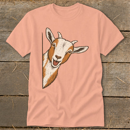 T-shirt with a smiling goat peeking from behind an invisible wall.