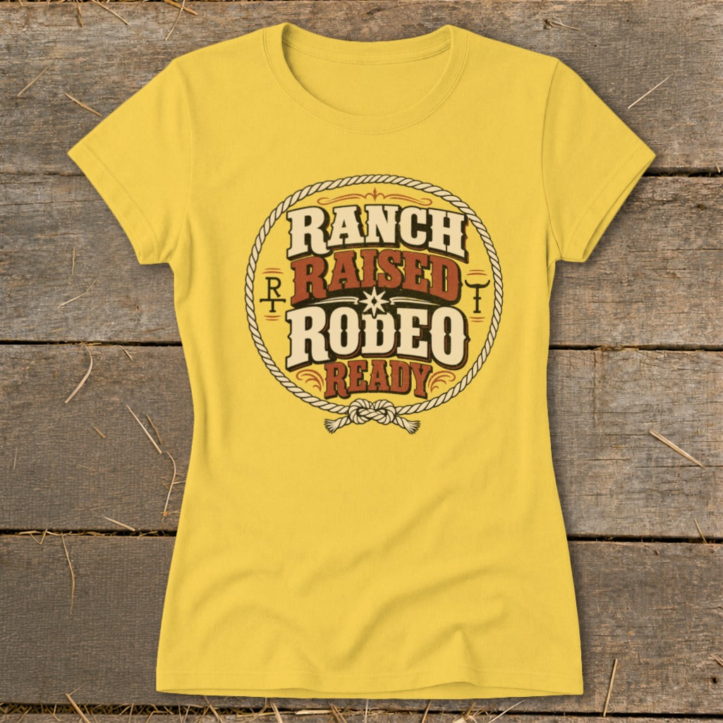 Yellow t-shirt with "Ranch Raised Rodeo Ready" text in a rope circle.